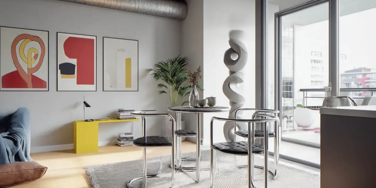 Nowoczesne wnętrze w stylu bauhaus: okrągły stolik z krzesłami, abstrakcyjne obrazy na ścianie i designerska rzeźba.