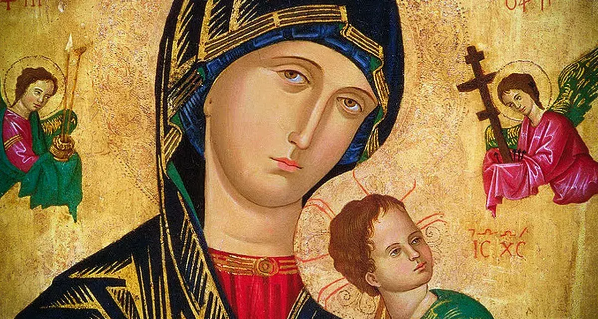 Ikona Matki Bożej z Dzieciątkiem, otoczona aniołami. Wzrok Maryi kieruje się ku górze, jakby w modlitwie porannej do Maryi.