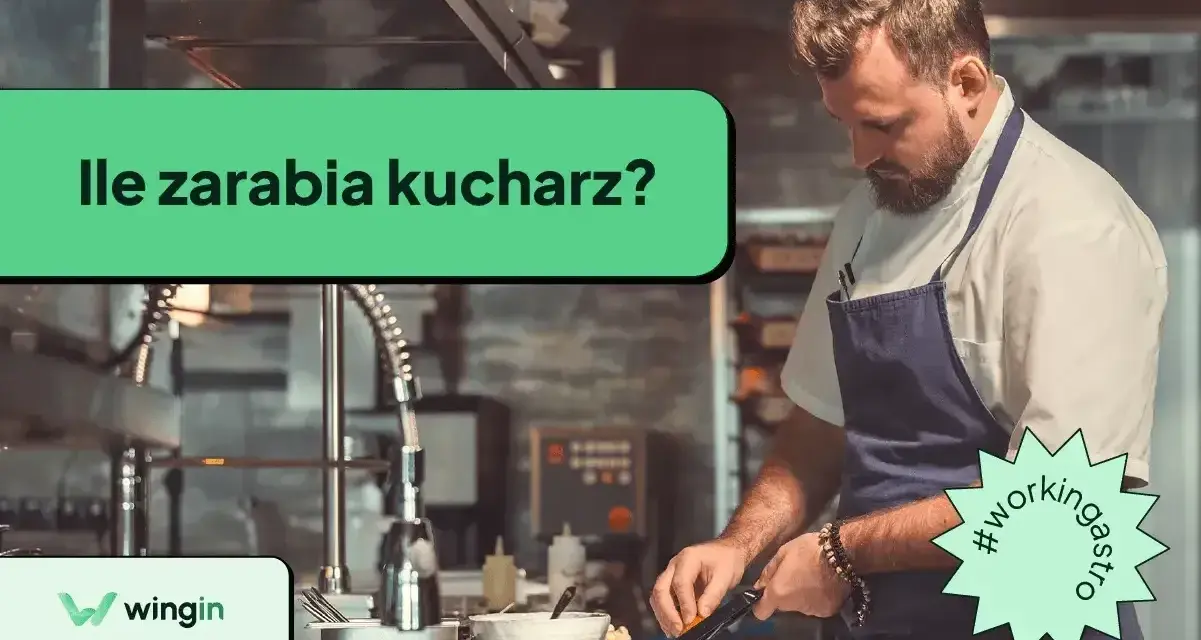 Kucharz w fartuchu przygotowuje jedzenie. Na ekranie pytanie: "Ile zarabia kucharz?".