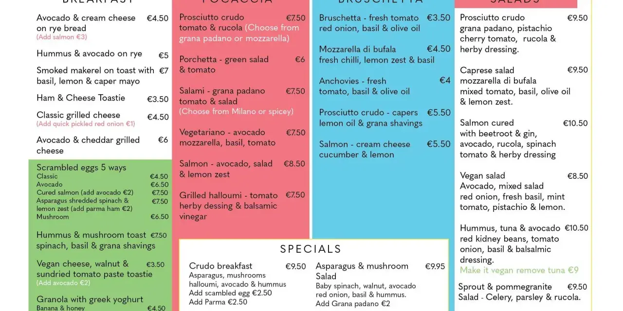 Menu z Maltą: śniadania, focaccie, bruschetty, sałatki i specjale. Ceny od €3.50.