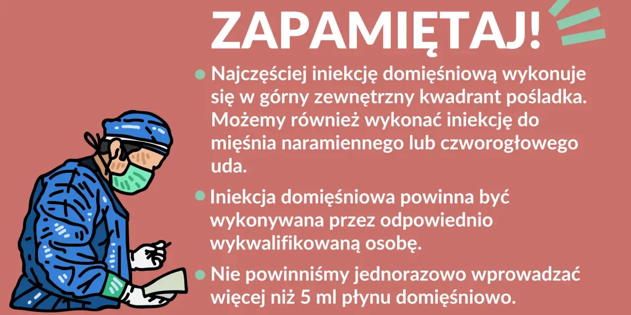 Lekarz w niebieskim fartuchu i masce przygotowuje zastrzyk w pośladek. Pamiętaj o prawidłowym miejscu podania!