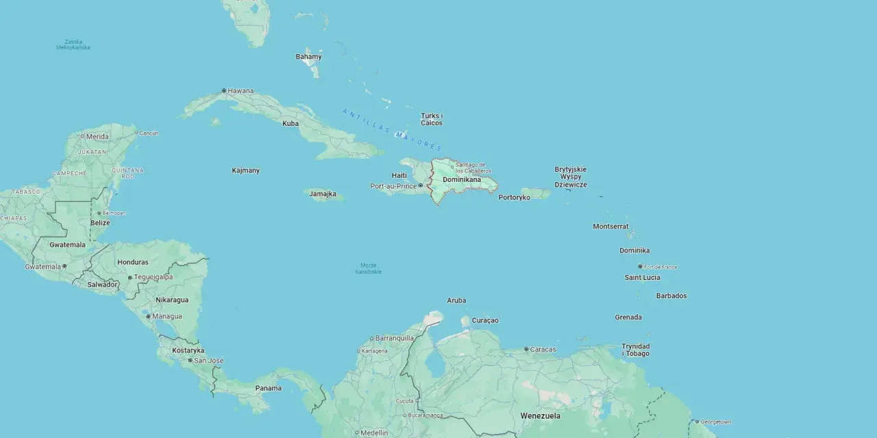 Dominikana leży na Morzu Karaibskim, na wschód od Haiti, w archipelagu Wielkich Antyli.