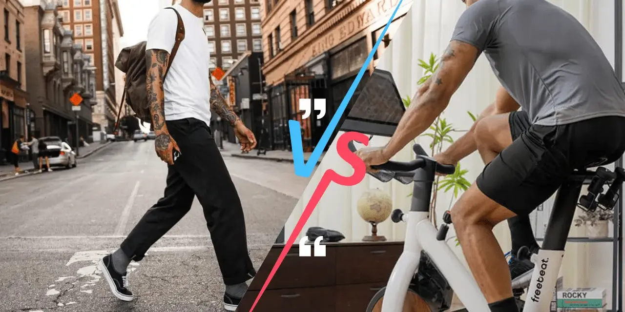 Man walking on city street vs man riding a stationary bike.