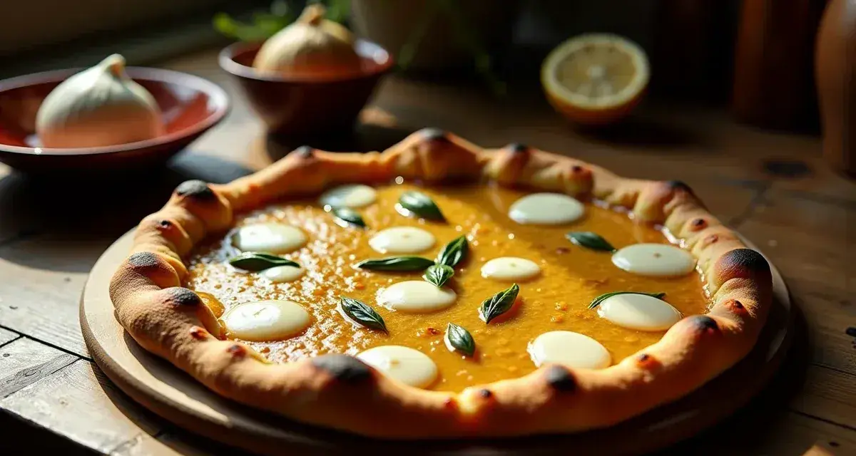 Apetyczna pizza bianca z pomarańczowym sosem, białymi kropkami sera i listkami bazylii, na drewnianym blacie.