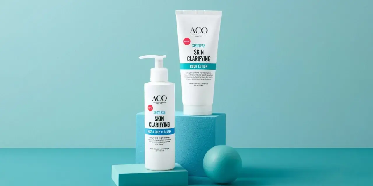 ACO Spotless Skin Clarifying Face & Body Cleanser och Body Lotion. Hjälper mot finnar på kroppen för en klarare hud.