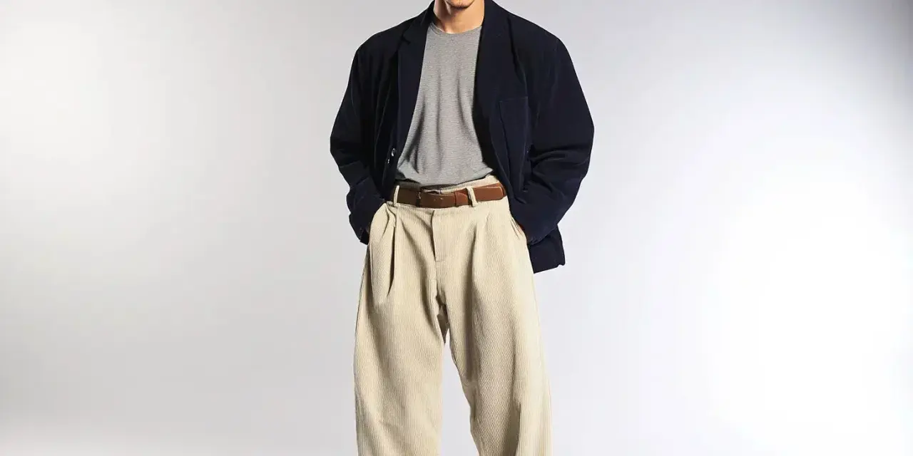 Uomo con spezzato giacca blu scuro, maglietta grigia e pantaloni beige a vita alta.