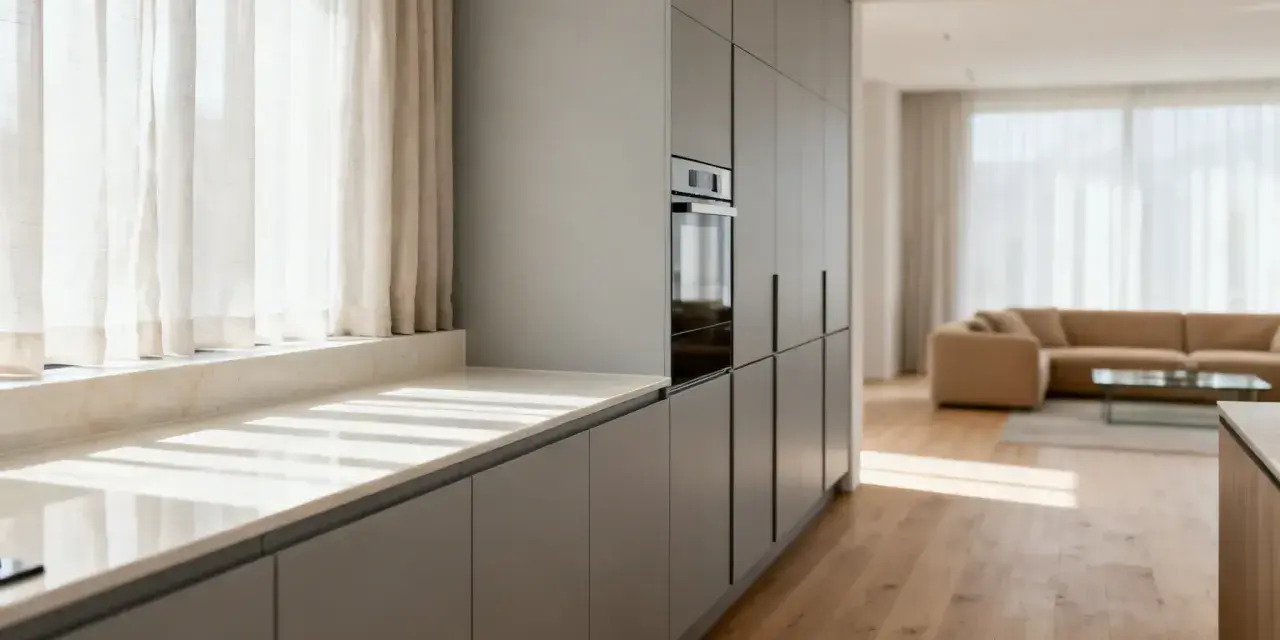 Cocina moderna con armarios grises y una encimera de mármol clara. La luz del sol entra por las cortinas blancas, iluminando el espacio.