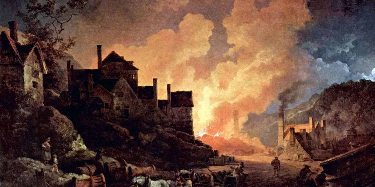 Un paisaje industrial con humo y fuego, que evoca **qué es la revolución industrial**. Casas y carretas con caballos completan la escena.