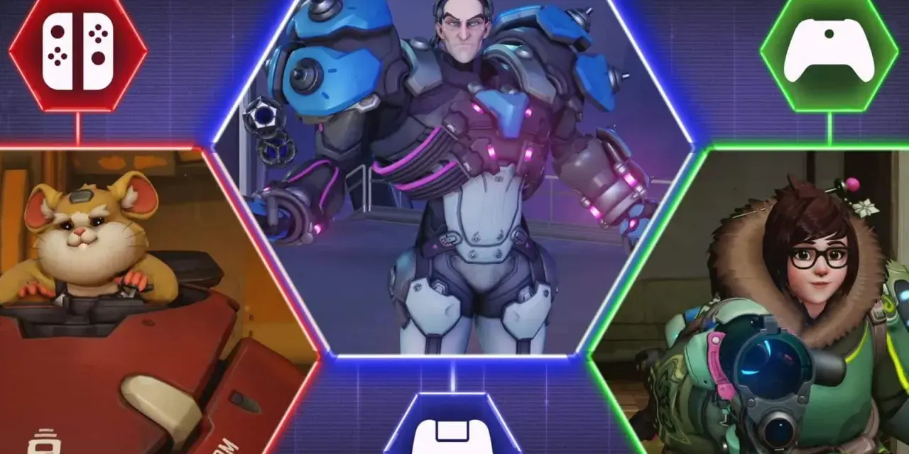 Overwatch 2 crossplay łączy graczy z różnych platform. Na obrazie widzimy Winstona, Me i Reinhardta, symbolizujących tę funkcję.