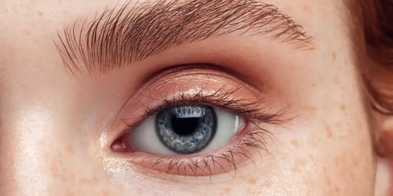 Nahaufnahme eines blauen Auges mit Sommersprossen und perfekt geformten Augenbrauen.