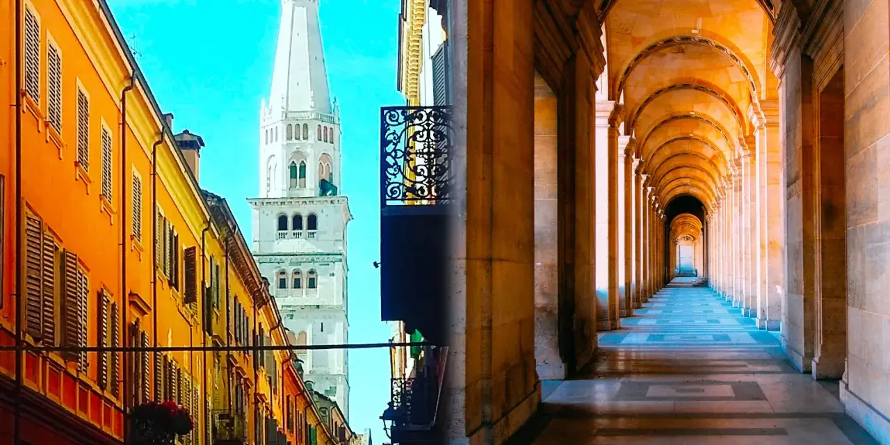Split image: Left shows a street in Modena with colorful buildings and a tall white tower. Right shows a long, arched colonnade, evoking Bologna's porticoes.
