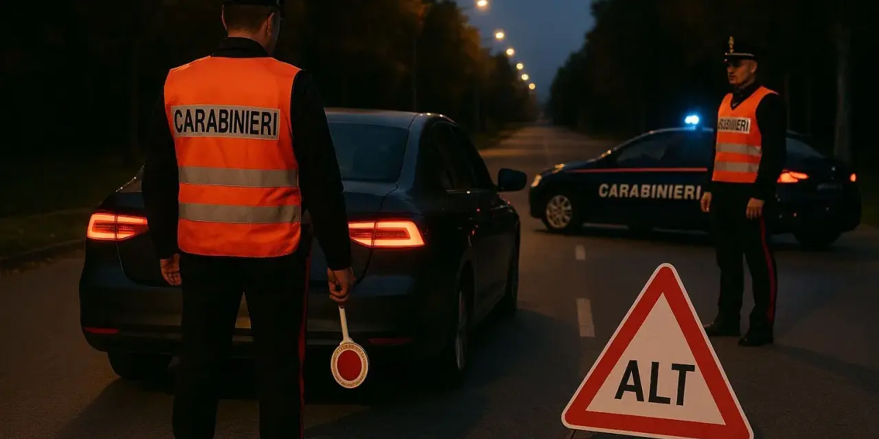 Carabinieri in alta visibilità fermano il traffico con un segnale di "ALT", applicando l'articolo 12 del codice della strada.