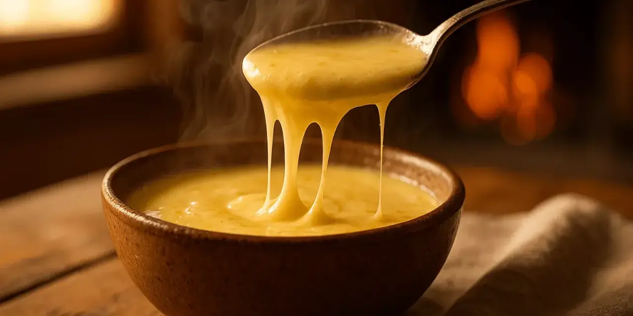 Une cuillère de crème de reblochon fumante s'étire au-dessus d'un bol, devant un feu de cheminée chaleureux.