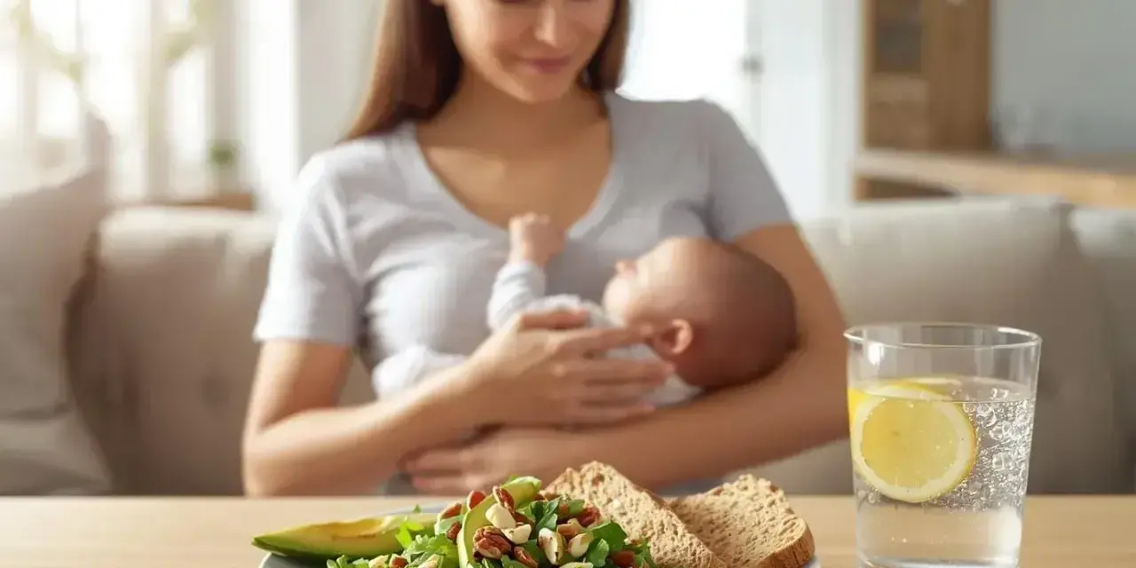 Zdrowa mama karmiąca piersią, obok talerz z sałatką, pieczywem i wodą z cytryną. To inspiracja do stworzenia własnej tabeli: co można jeść karmiąc piersią.