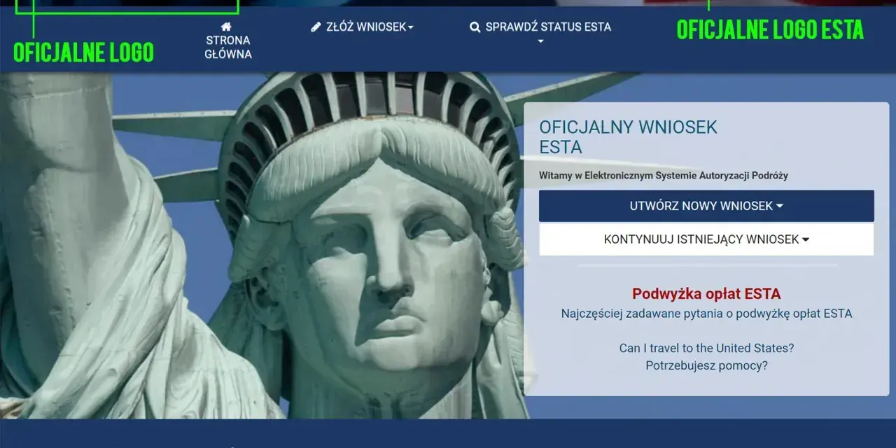 Oficjalna strona ESTA, gdzie można złożyć wniosek bez wiz do USA. Widoczna Statua Wolności.