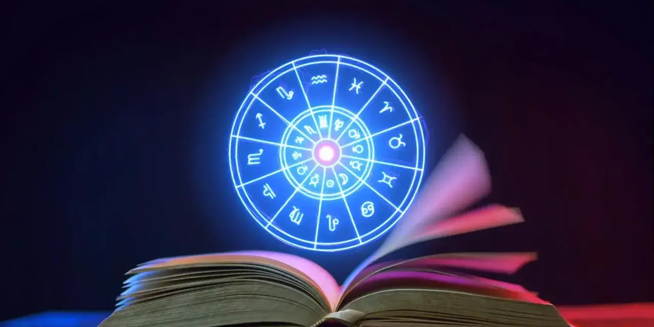 Otwarta księga, z której unosi się neonowy zodiak. Wskazuje na tajemnice i intuicję, jakby neptun w 6 domu odsłaniał codzienne przeznaczenie.