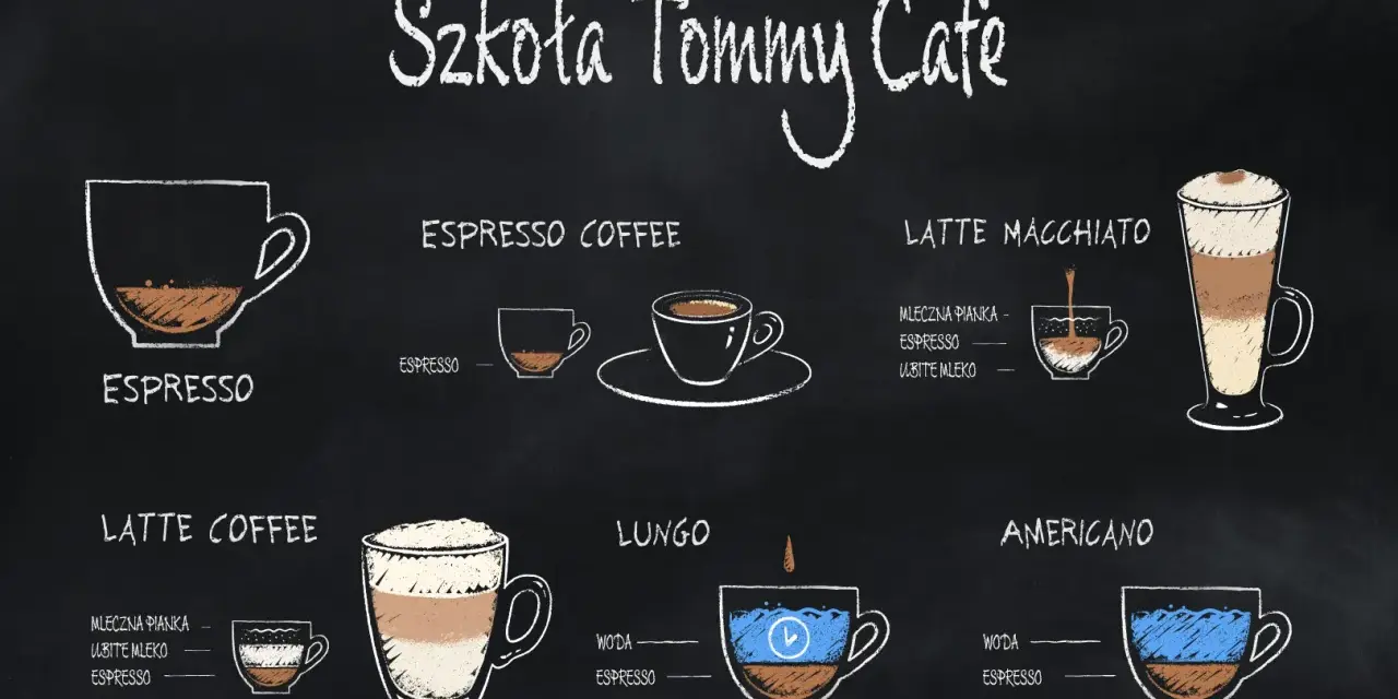 Różne rodzaje kaw: Espresso, Espresso Coffee, Latte Macchiato, Latte Coffee, Lungo, Americano.