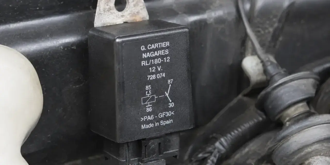 Uszkodzony przekaźnik objawy: czarny element z oznaczeniami G. CARTIER NAGARES, 12V, schematem połączeń i napisem "Made in Spain".