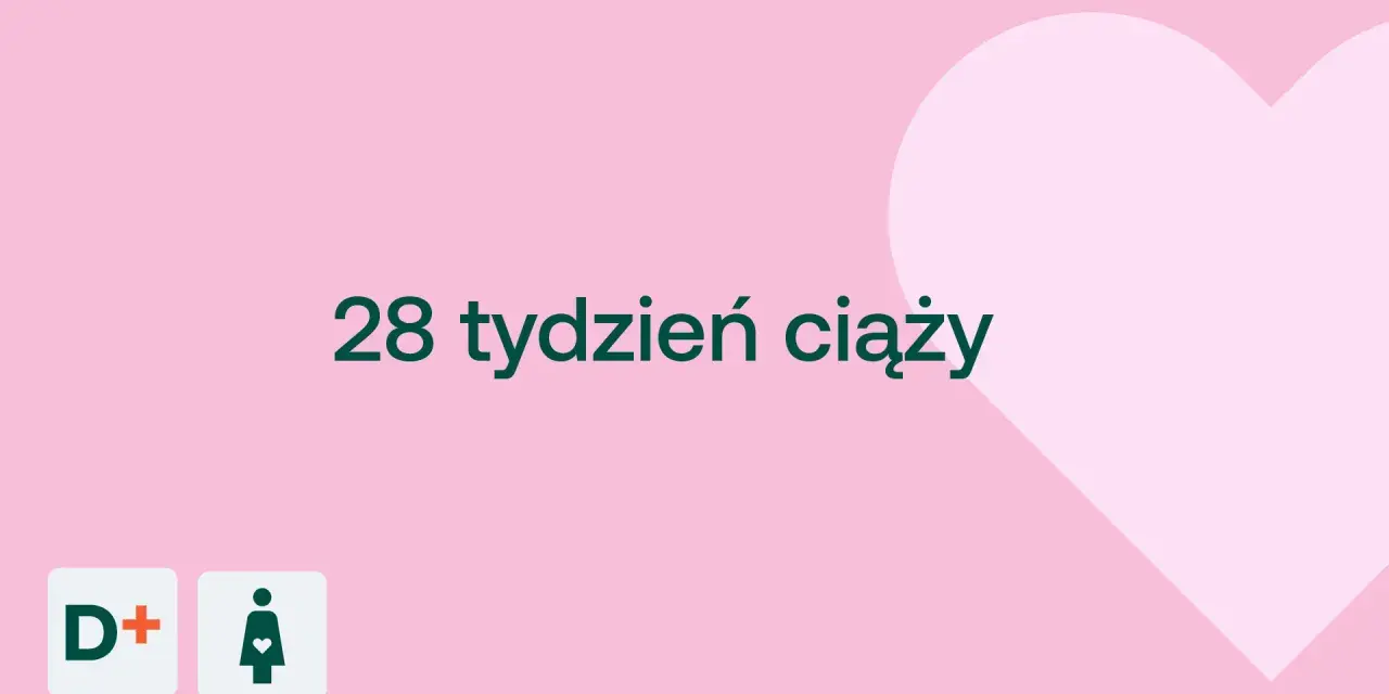 28 tydzień ciąży to już 7 miesiąc. Delikatny róż i serce w tle.