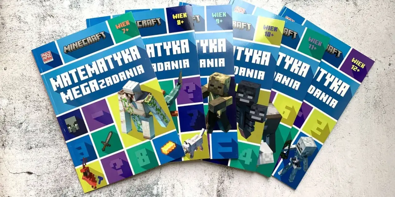 Książki "Matematyka z Minecraftem" z zadaniami dla graczy w różnym wieku, od 7 do 12 lat.