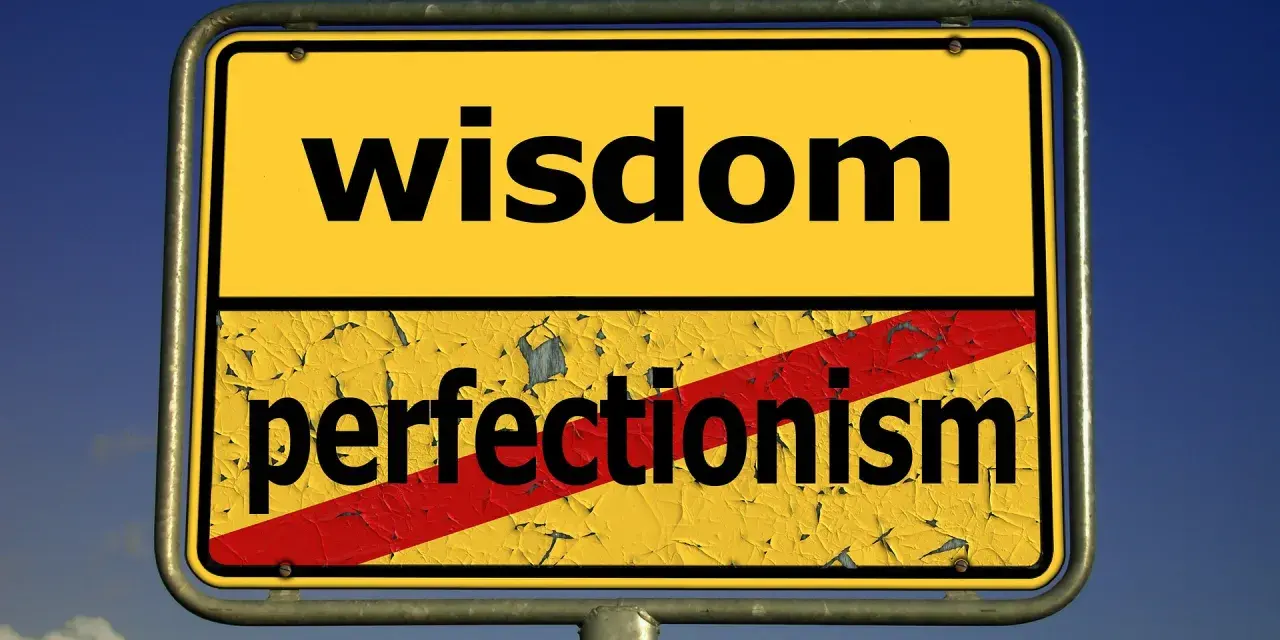 Znak drogowy z napisem "wisdom" na górze i przekreślonym "perfectionism" na dole. Symbolizuje odrzucenie perfekcjonizmu na rzecz mądrości.