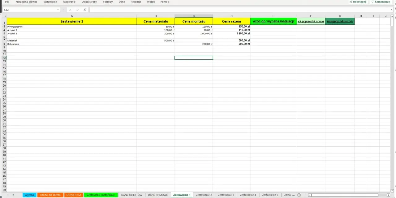 Arkusz Excel z nagłówkami: "Zestawienie 1", "Cena materiału", "Cena montażu", "Cena razem". To prosty wzór kosztorysu budowlanego.