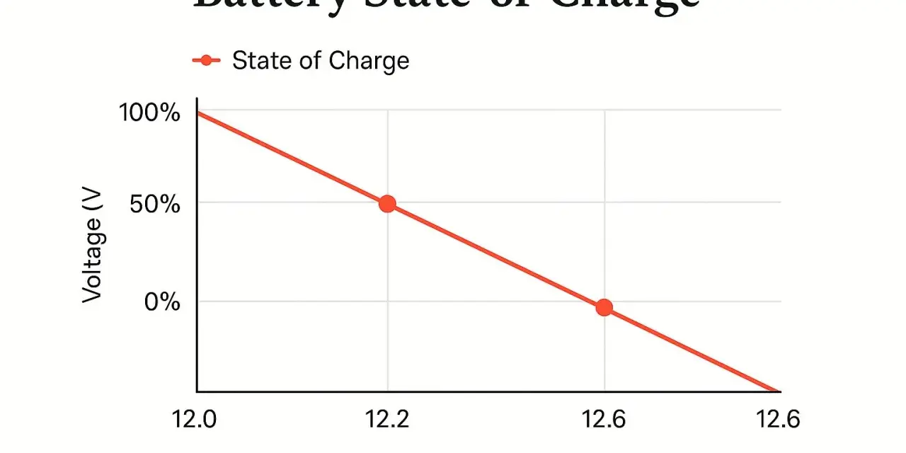 Graph shows car battery voltage decreasing as state of charge drops. A full charge is 100% at 12.6V.