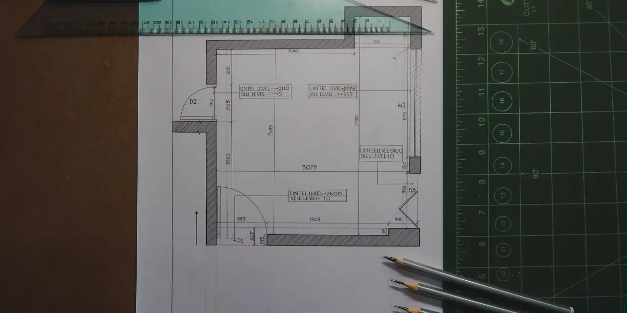 Ritprogram hus med linjal och pennor. En detaljerad planritning av ett hus visas, med mått och nivåer angivna.