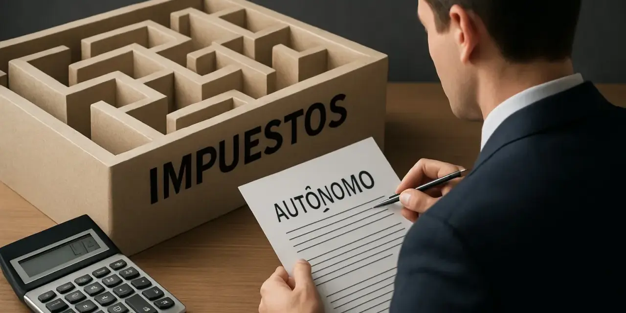 Hombre de traje frente a un laberinto con la palabra "IMPUESTOS". Sostiene un papel con "AUTÓNOMO" y una calculadora.