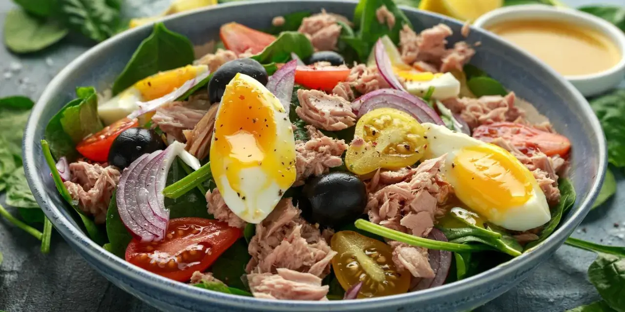 Ein köstlicher Thunfischsalat mit Ei, Tomaten, Zwiebeln und Oliven. Perfekt für ein leichtes Mittagessen oder als Thunfischsalat Rezept.