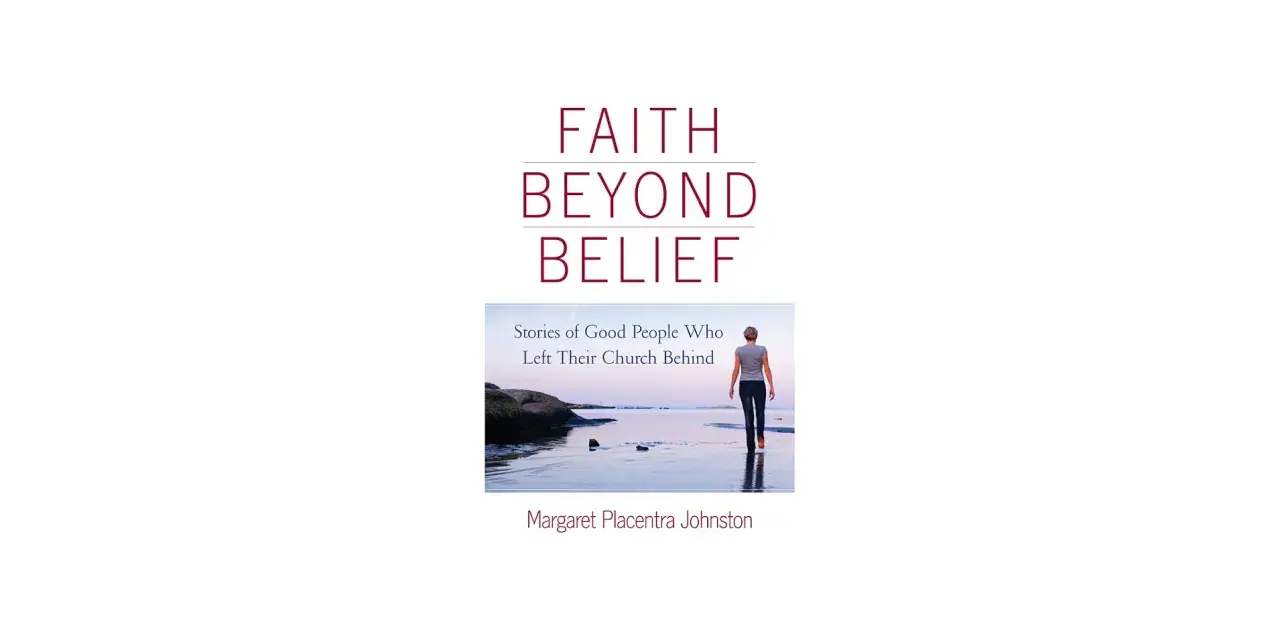 Faith Beyond Belief" book cover. A woman walks away from the viewer towards a serene ocean, symbolizing a personal journey of faith.