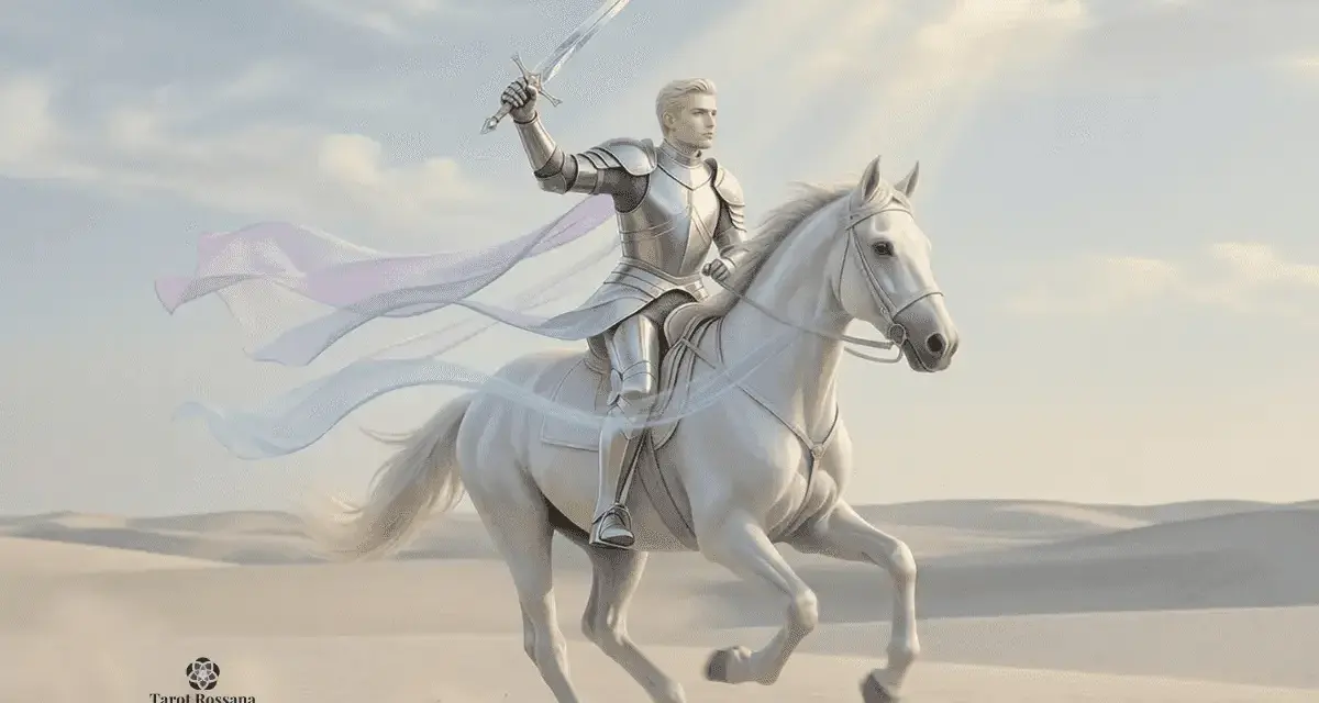 Un caballero en armadura plateada, montado en un caballo blanco, levanta una espada. Representa que significa el caballo de espadas en el tarot: acción y verdad.