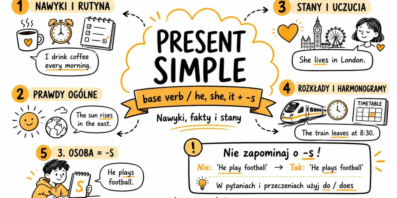 Present Simple: nawyki, prawdy, stany, rozkłady. Przykład: "He plays football.