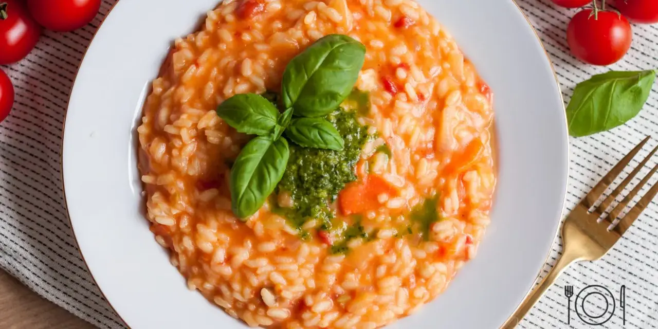 Pyszne risotto z pomidorami, udekorowane bazylią i pesto, czeka na talerzu. Obok świeże pomidorki i złoty widelec.