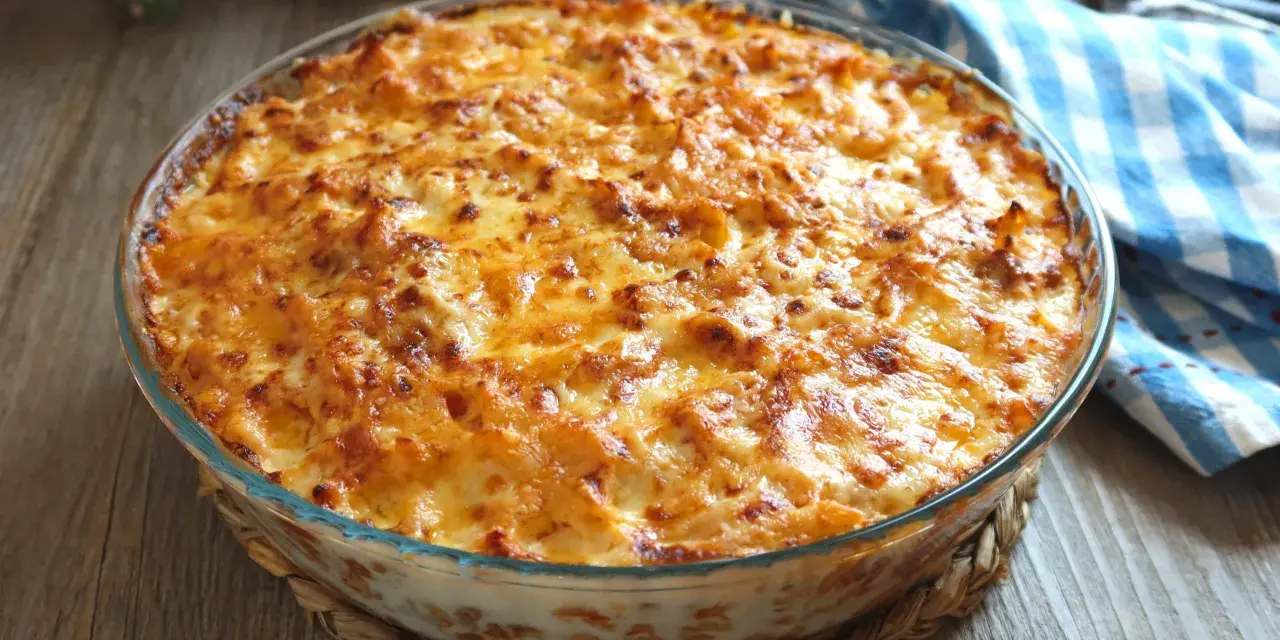 Macarrones al horno dorados y burbujeantes en una fuente de cristal, listos para servir.