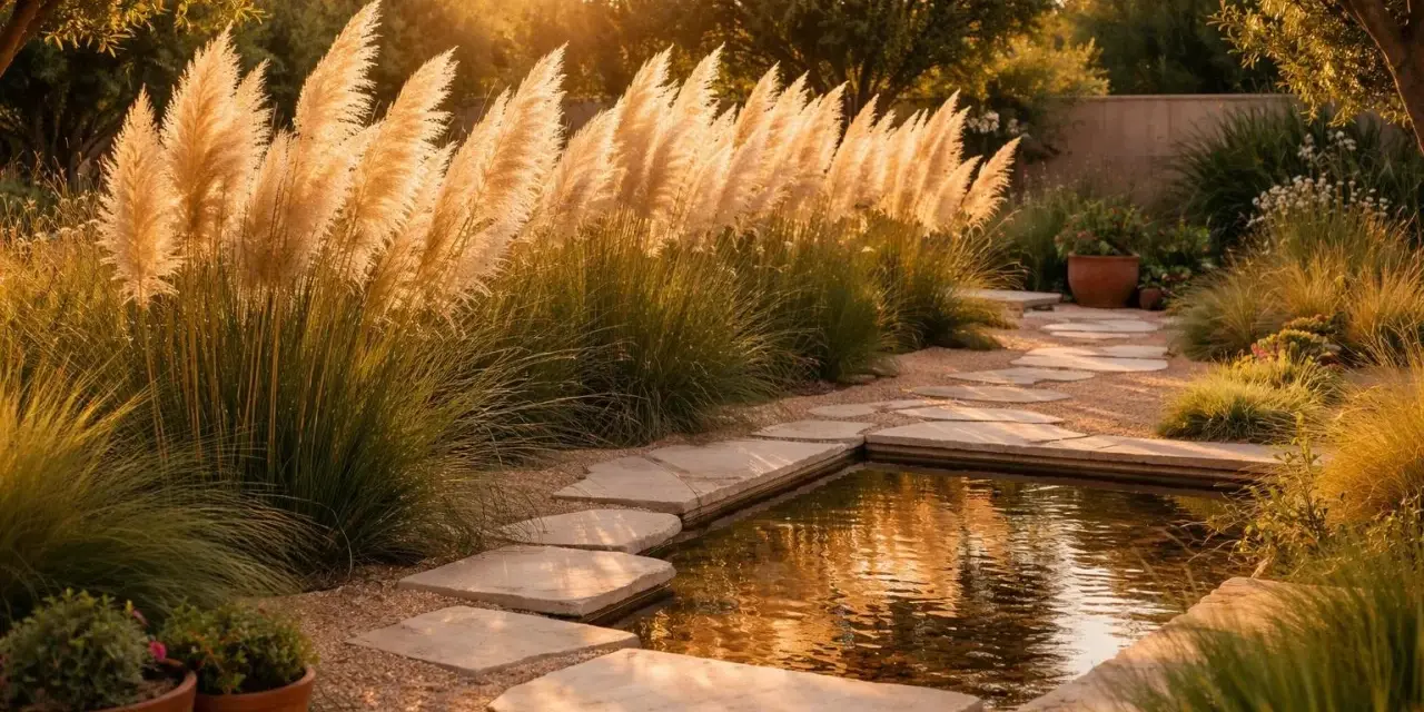 Goldene Abendsonne beleuchtet Pampasgras am Teichrand. Ein Steinpfad führt durch den Garten, der einen perfekten Pampasgras Standort zeigt.