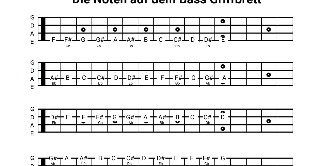 Gitarrennoten kostenlos für Pop-Songs: Übersicht der Noten auf dem Bass-Griffbrett.