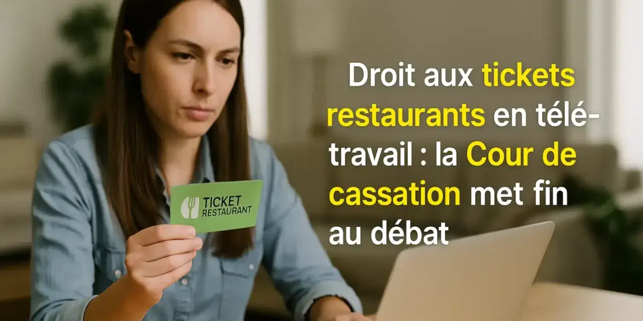 Une femme tient un ticket restaurant devant son ordinateur, illustrant le droit aux tickets restaurant en télétravail.