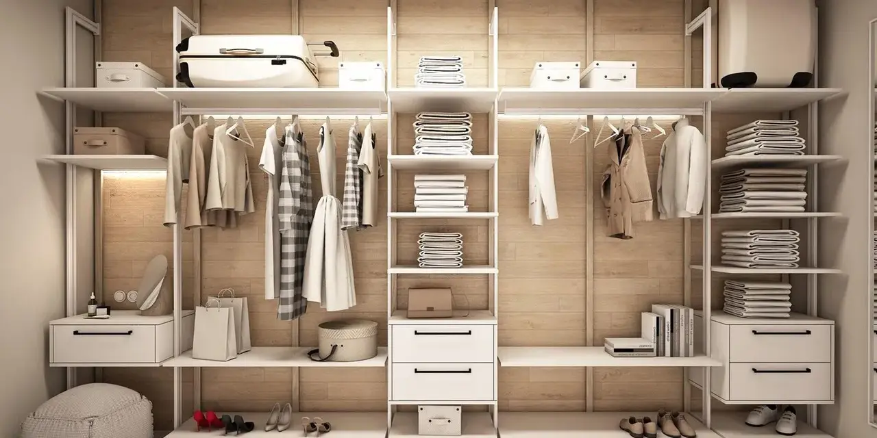 Minimalistyczna garderoba w stylu basic. Ubrania wiszą na wieszakach, stosy ręczników i pościeli na półkach. Wygodny puf i eleganckie buty dopełniają całość.