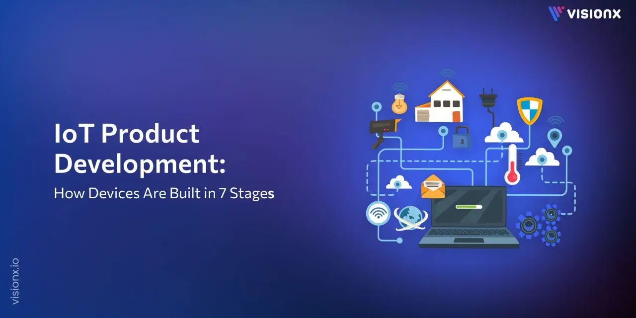 Illustration of IoT product development, showcasing smart home devices, security, and data flow, perfect for exploring new IoT startup ideas.