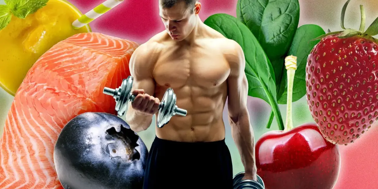 Un athlète musclé soulève des haltères, entouré d'aliments sains comme le saumon, les baies et les épinards, parfaits pour un régime anti inflammatoire avant sport.