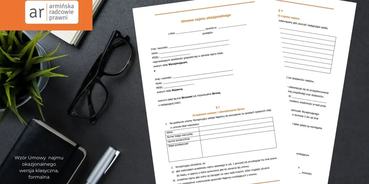 Wzór umowy najmu okazjonalnego, z widocznym tekstem "najem okazjonalny haczyk". Dokument prawny na biurku.