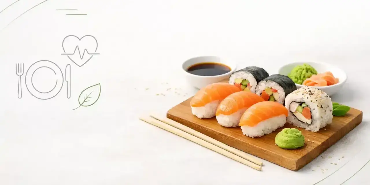 Sushi na desce, z sosem sojowym i wasabi. Poznaj sushi wartości odżywcze i ciesz się zdrowym posiłkiem.