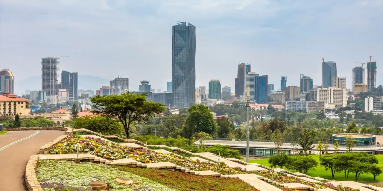 Kwiatowe tarasy i nowoczesne wieżowce tworzą malowniczy krajobraz Addis Abeby.