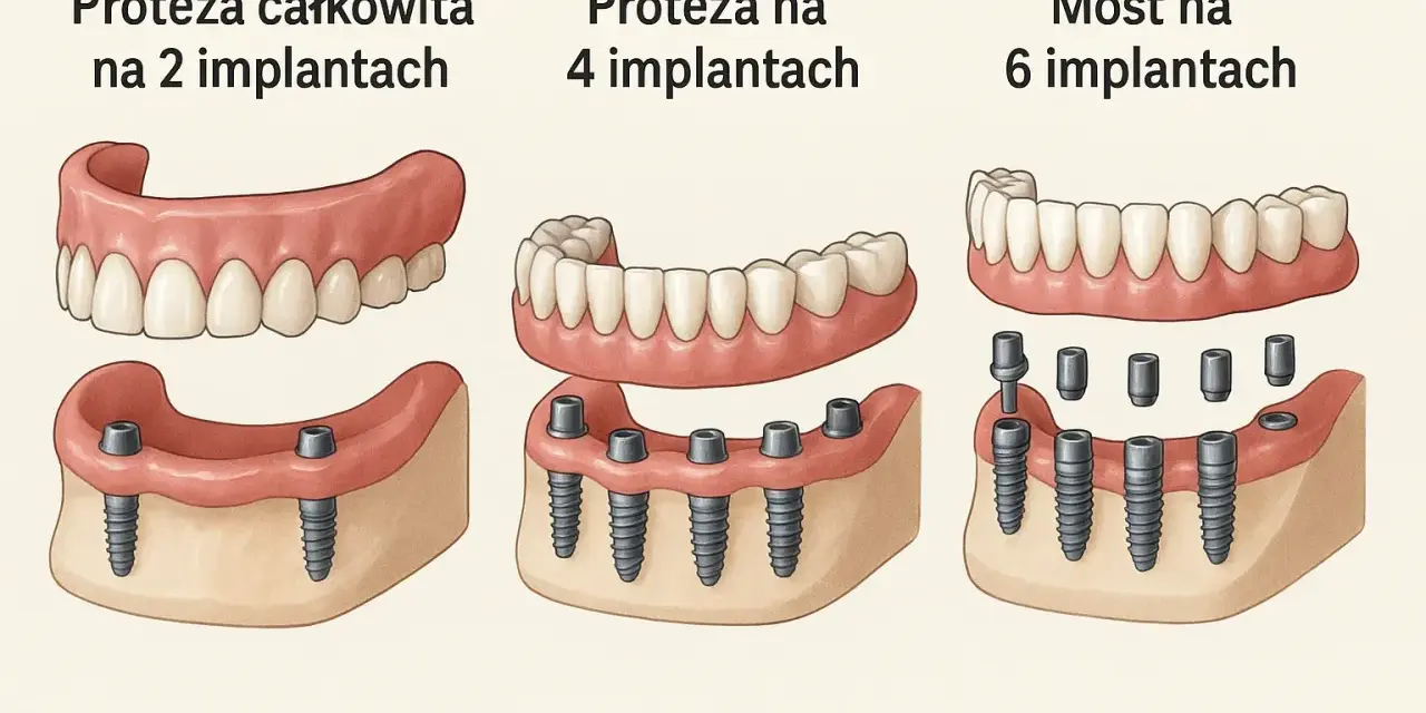 Nowe zęby koszt: proteza na 2, 4 lub 6 implantach. Ilustracja pokazuje różne opcje odbudowy uzębienia.