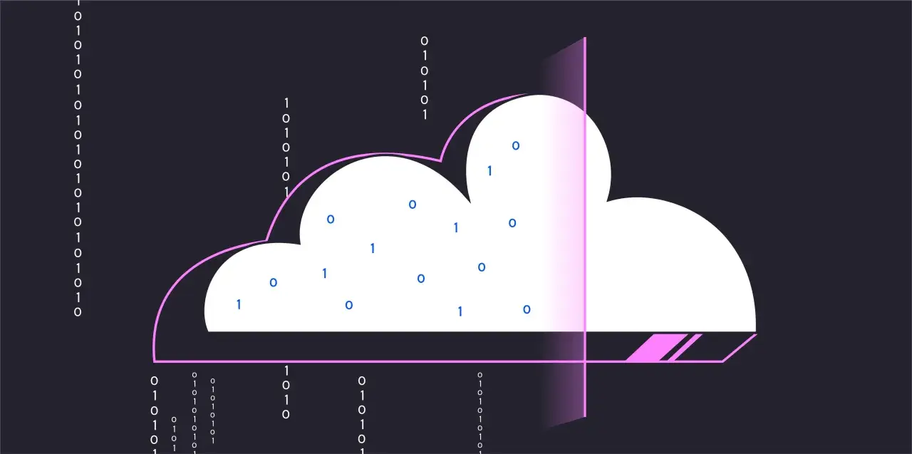 Binary code streams surround a cloud graphic, symbolizing data-driven cybersecurity and the protection of digital information.