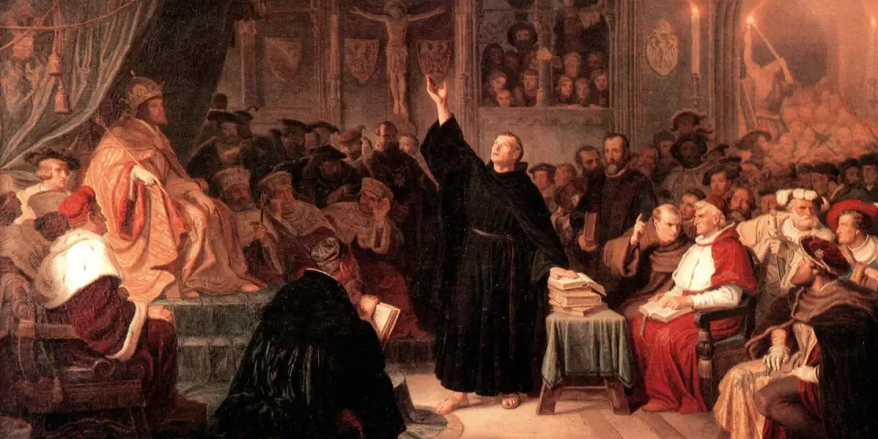 A monk preaches to a council of church leaders, including a Pope, during the Counter Reformation.