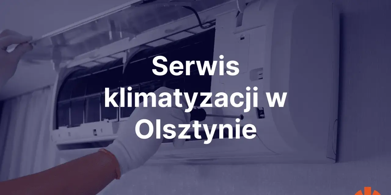 Ręka w białej rękawiczce naprawia klimatyzację. Napis: Serwis klimatyzacji w Olsztynie.