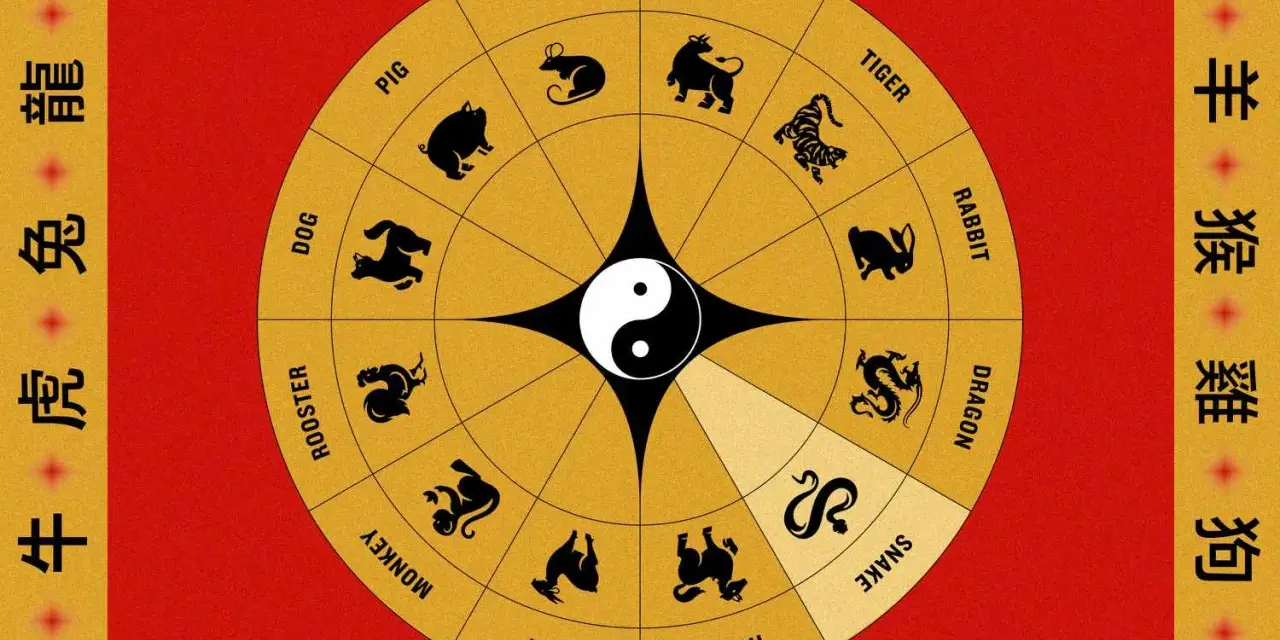 Chiński zodiak z symbolem yin-yang w centrum. Wyróżniony jest chinski waz, obok smoka.