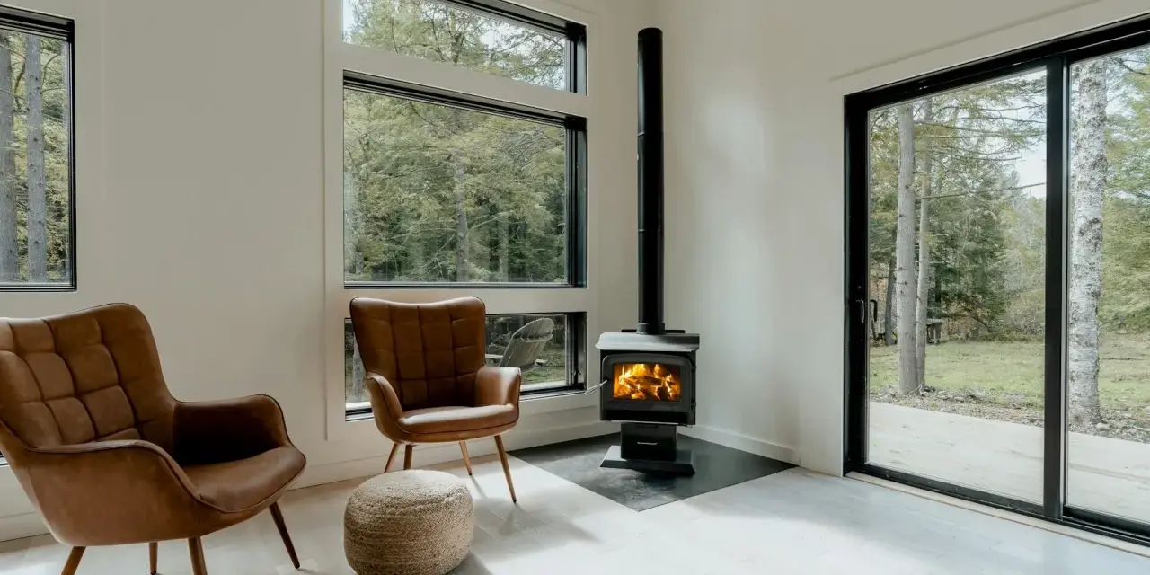 Un poêle à granule appartement, avec deux fauteuils en cuir marron et une vue sur la forêt.